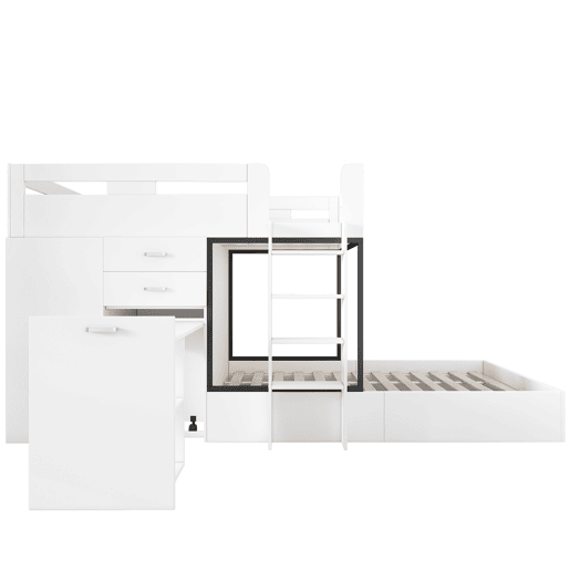 Beliche 90x200 - Com secretária extraível, armário, prateleiras, escada - Branco+Preto
