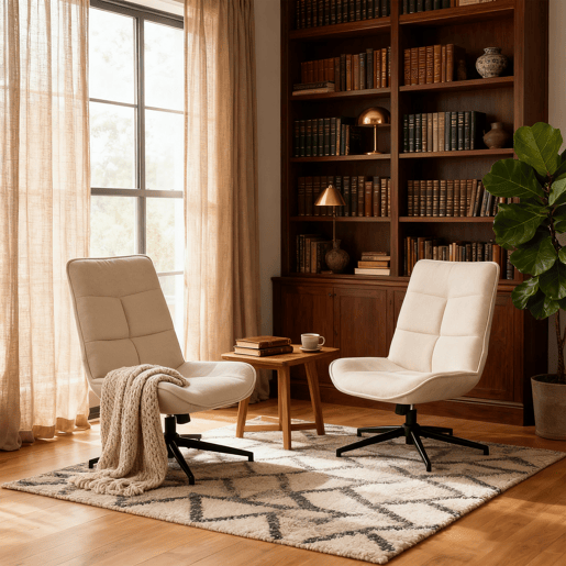 Conjunto 2 Cadeiras De Relax Giratória Estofada Em Tecido Chenille Cor Bege Com Encosto Alto Ergonómico Assento Acolchoado Altura Regulável 89-95 Cm Base Metálica Estável Estilo Moderno Ideal Para Sala Quarto Escritório