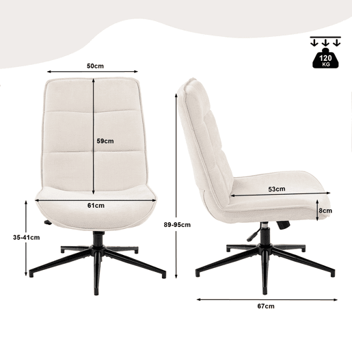 Conjunto 2 Cadeiras De Relax Giratória Estofada Em Tecido Chenille Cor Bege Com Encosto Alto Ergonómico Assento Acolchoado Altura Regulável 89-95 Cm Base Metálica Estável Estilo Moderno Ideal Para Sala Quarto Escritório