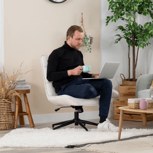 Conjunto 2 Cadeiras De Relax Giratória Estofada Em Tecido Chenille Cor Bege Com Encosto Alto Ergonómico Assento Acolchoado Altura Regulável 89-95 Cm Base Metálica Estável Estilo Moderno Ideal Para Sala Quarto Escritório