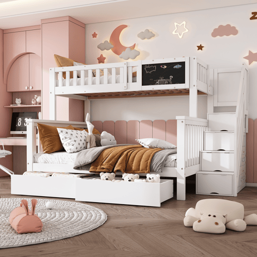 Cama beliche infantil 90x200+140x200 - multifuncional com mesa e gavetas - branca