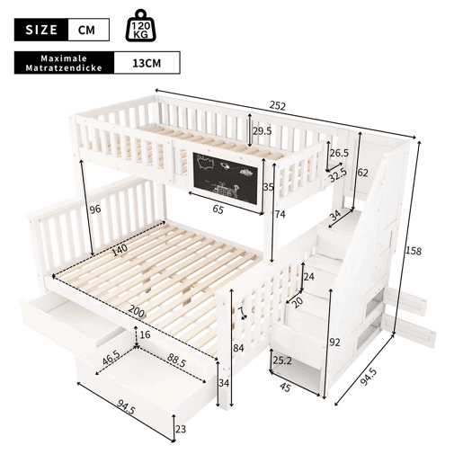 Cama beliche infantil 90x200+140x200 - multifuncional com mesa e gavetas - branca