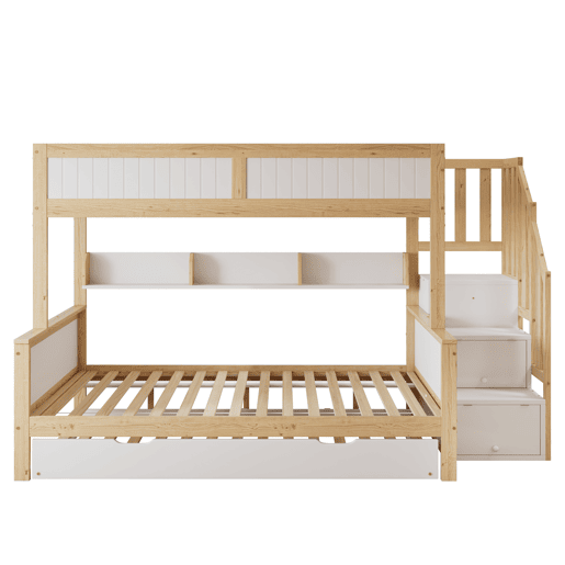 Beliche 90x200cm + 120x200cm + cama de rodízio 90x190cm - com prateleiras, roupeiro e escada de arrumação - em madeira de pinho e MDF - Branco e Natural