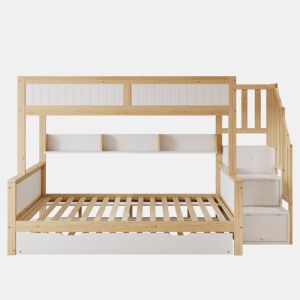 Beliche 90x200cm + 120x200cm + cama de rodízio 90x190cm - com prateleiras, roupeiro e escada de arrumação - em madeira de pinho e MDF - Branco e Natural