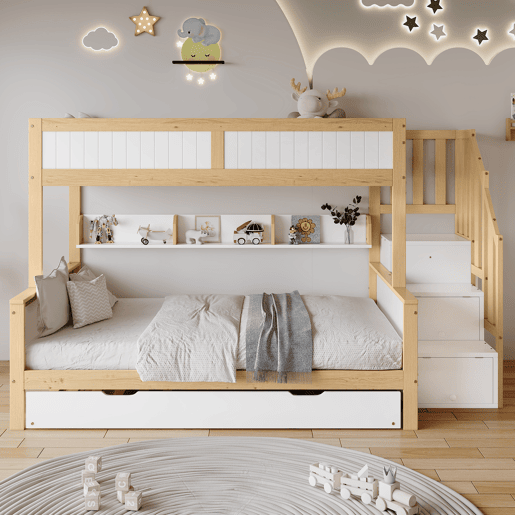Beliche 90x200cm + 120x200cm + cama de rodízio 90x190cm - com prateleiras, roupeiro e escada de arrumação - em madeira de pinho e MDF - Branco e Natural