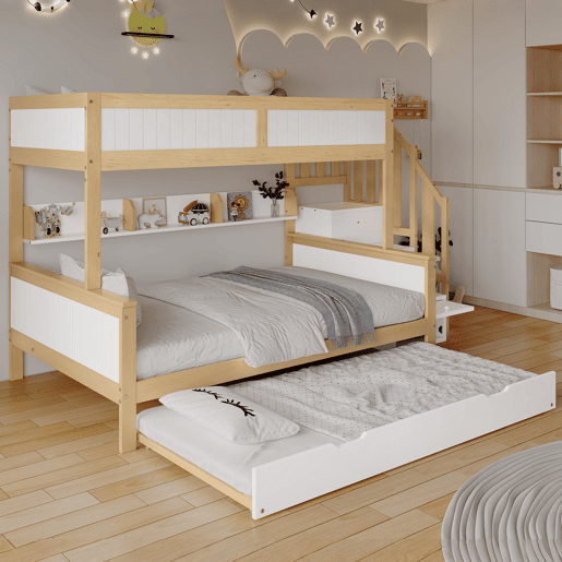 Beliche 90x200cm + 120x200cm + cama de rodízio 90x190cm - com prateleiras, roupeiro e escada de arrumação - em madeira de pinho e MDF - Branco e Natural