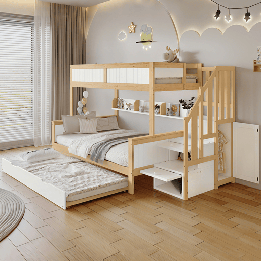 Beliche 90x200cm + 120x200cm + cama de rodízio 90x190cm - com prateleiras, roupeiro e escada de arrumação - em madeira de pinho e MDF - Branco e Natural