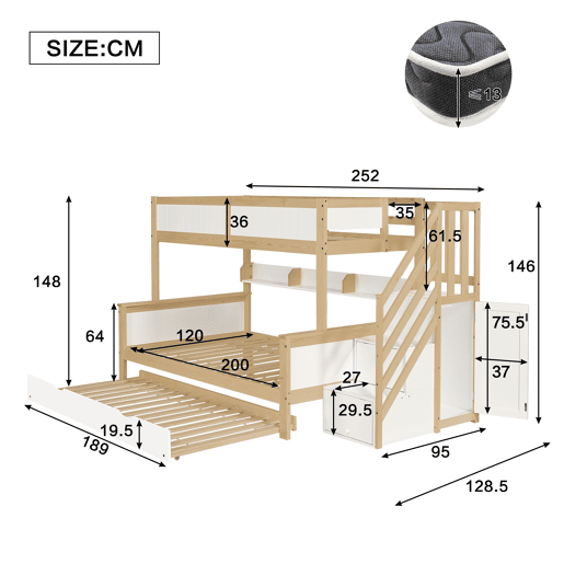 Beliche 90x200cm + 120x200cm + cama de rodízio 90x190cm - com prateleiras, roupeiro e escada de arrumação - em madeira de pinho e MDF - Branco e Natural