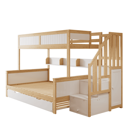 Beliche 90x200cm + 120x200cm + cama de rodízio 90x190cm - com prateleiras, roupeiro e escada de arrumação - em madeira de pinho e MDF - Branco e Natural