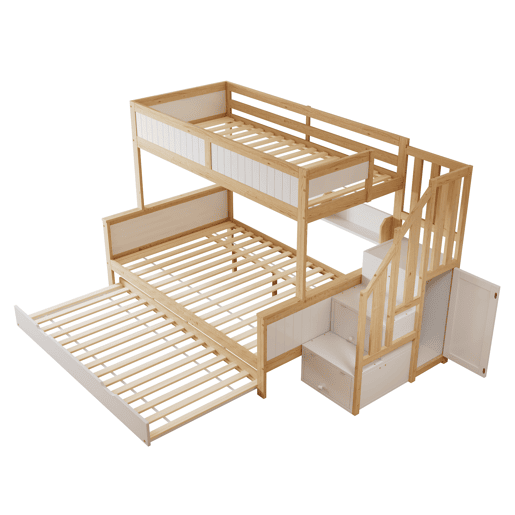 Beliche 90x200cm + 120x200cm + cama de rodízio 90x190cm - com prateleiras, roupeiro e escada de arrumação - em madeira de pinho e MDF - Branco e Natural