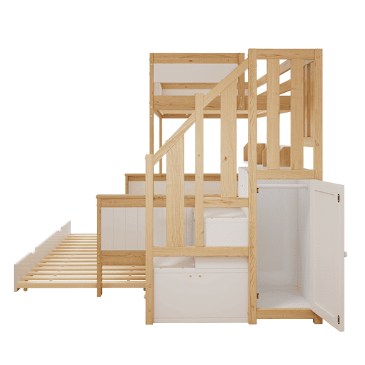 Beliche 90x200cm + 120x200cm + cama de rodízio 90x190cm - com prateleiras, roupeiro e escada de arrumação - em madeira de pinho e MDF - Branco e Natural
