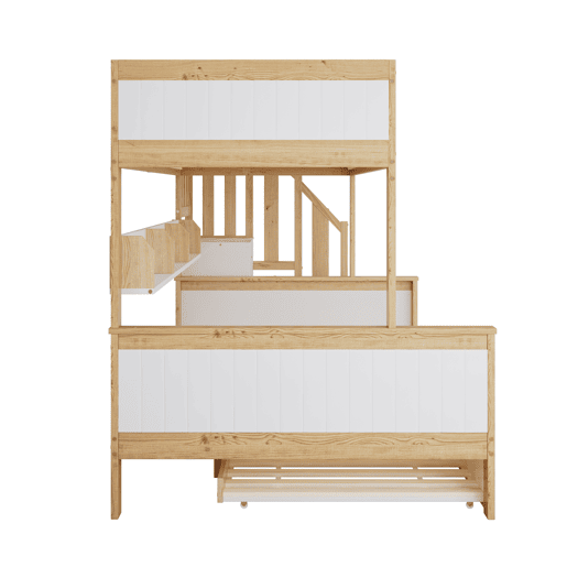 Beliche 90x200cm + 120x200cm + cama de rodízio 90x190cm - com prateleiras, roupeiro e escada de arrumação - em madeira de pinho e MDF - Branco e Natural