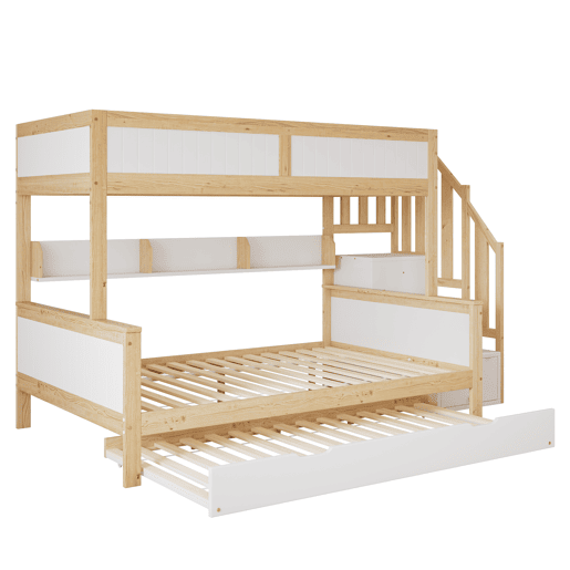 Beliche 90x200cm + 120x200cm + cama de rodízio 90x190cm - com prateleiras, roupeiro e escada de arrumação - em madeira de pinho e MDF - Branco e Natural