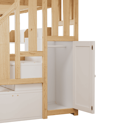 Beliche 90x200cm + 120x200cm + cama de rodízio 90x190cm - com prateleiras, roupeiro e escada de arrumação - em madeira de pinho e MDF - Branco e Natural