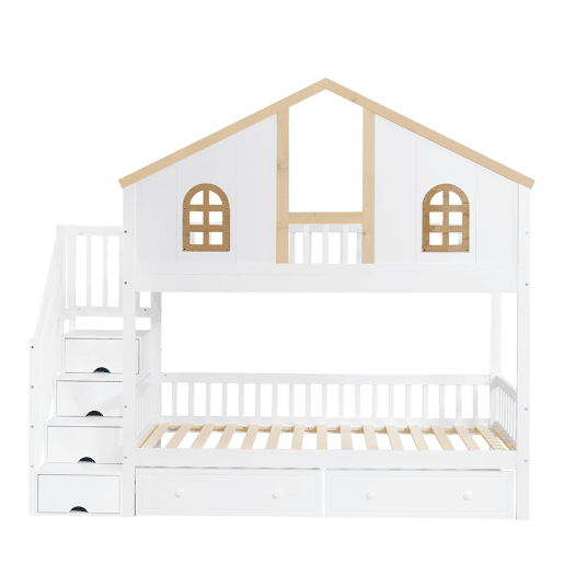 Beliche com escada de arrumação e 2 gavetas debaixo da cama - 90x200 cm - com estrado - Branco e Natural