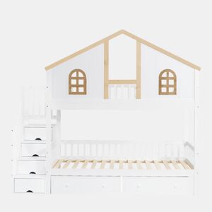 Beliche com escada de arrumação e 2 gavetas debaixo da cama - 90x200 cm - com estrado - Branco e Natural