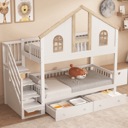 Beliche com escada de arrumação e 2 gavetas debaixo da cama - 90x200 cm - com estrado - Branco e Natural