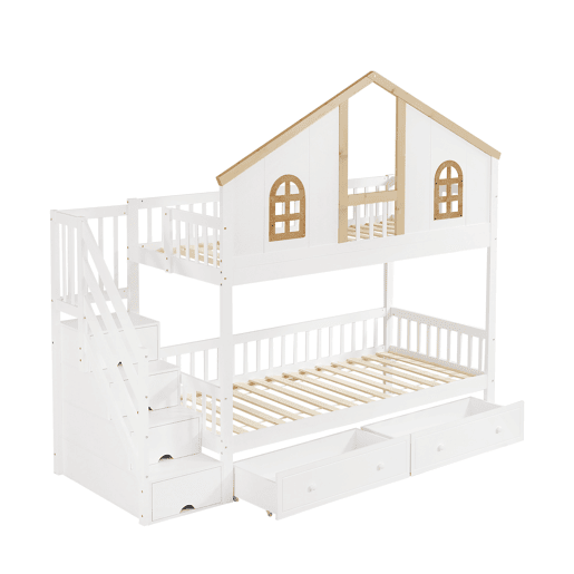 Beliche com escada de arrumação e 2 gavetas debaixo da cama - 90x200 cm - com estrado - Branco e Natural