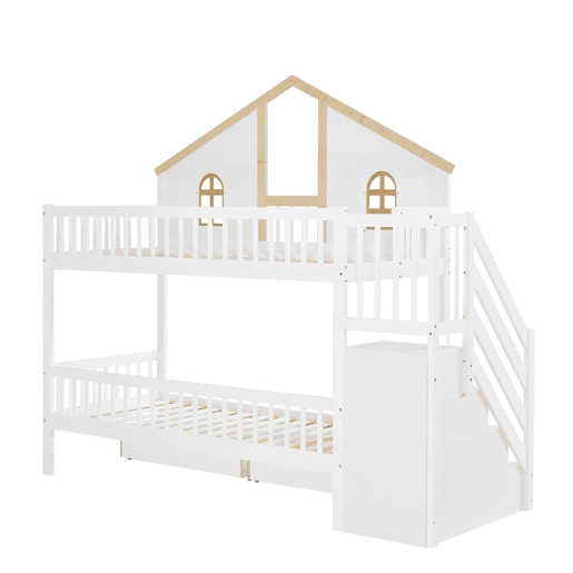 Beliche com escada de arrumação e 2 gavetas debaixo da cama - 90x200 cm - com estrado - Branco e Natural