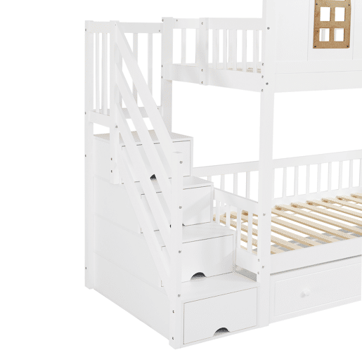 Beliche com escada de arrumação e 2 gavetas debaixo da cama - 90x200 cm - com estrado - Branco e Natural