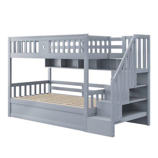 Cama alta 90x200 cm - Cama juvenil, com escada de arrumação e prateleiras - Cinza
