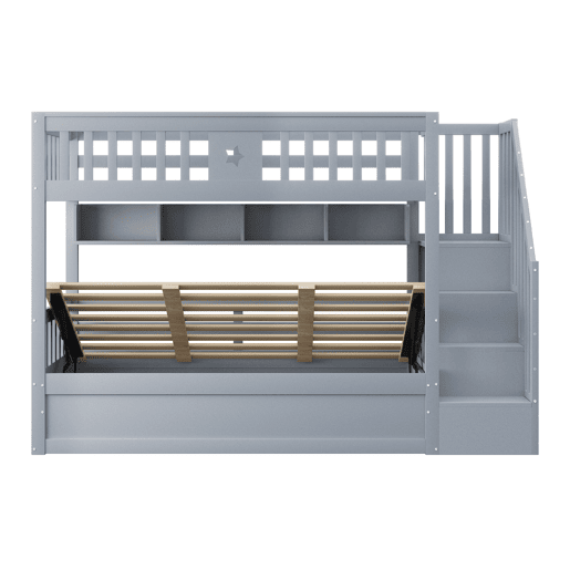 Cama alta 90x200 cm - Cama juvenil, com escada de arrumação e prateleiras - Cinza