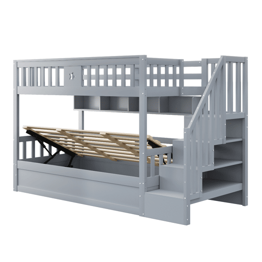 Cama alta 90x200 cm - Cama juvenil, com escada de arrumação e prateleiras - Cinza