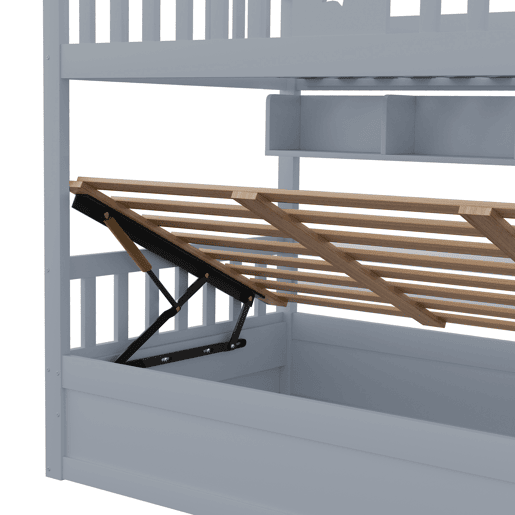 Cama alta 90x200 cm - Cama juvenil, com escada de arrumação e prateleiras - Cinza