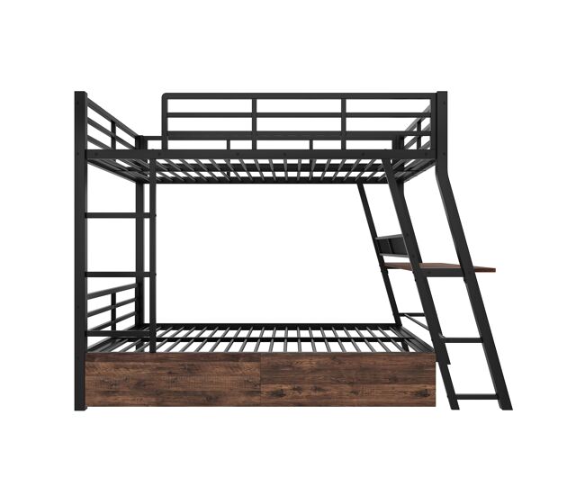 Cama alta 140x200 cm - marco de hierro, tira led, cajones, barandilla, escalera, escritorio - negro