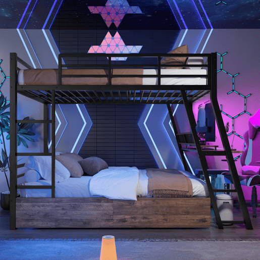 Cama alta 140x200 cm - Estrutura em ferro, tira LED, gavetas, grade, escada, secretária - Preto Cama alta 140x200 cm - Estrutura em ferro, tira LED, gavetas, grade, escada, secretária - Preto