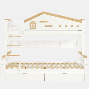 Beliche de madeira 90x200cm + 140x200cm - com escada e 2 gavetas - Natural e Branco