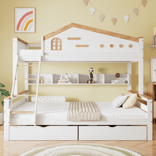 Beliche de madeira 90x200cm + 140x200cm - com escada e 2 gavetas - Natural e Branco