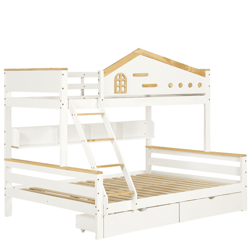 Beliche de madeira 90x200cm + 140x200cm - com escada e 2 gavetas - Natural e Branco