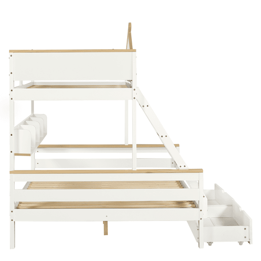 Beliche de madeira 90x200cm + 140x200cm - com escada e 2 gavetas - Natural e Branco