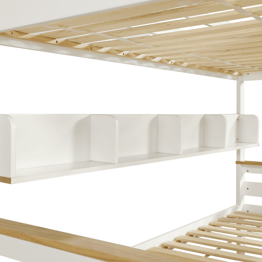Beliche de madeira 90x200cm + 140x200cm - com escada e 2 gavetas - Natural e Branco