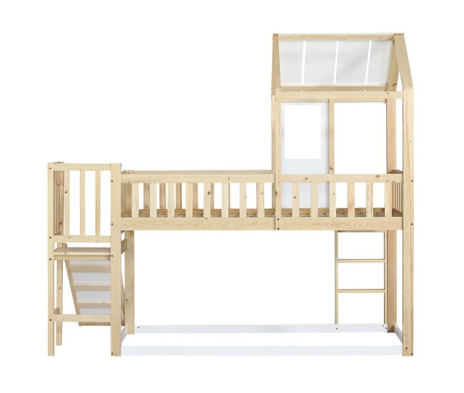 Litera 90x200 cm de madera maciza - con escalera y tobogán - somieres de láminas - natural