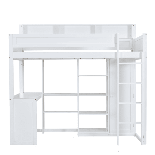 Cama alta em madeira de pinho e MDF - 90x200 cm - com prateleiras superiores, secretária e roupeiro - Branco Cama alta em madeira de pinho e MDF - 90x200 cm - com prateleiras superiores, secretária e roupeiro - Branco