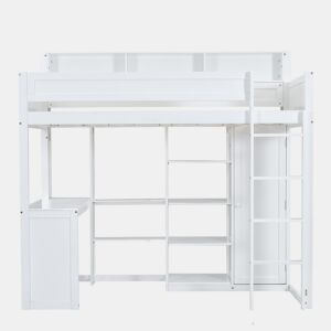 Cama alta em madeira de pinho e MDF - 90x200 cm - com prateleiras superiores, secretária e roupeiro - Branco