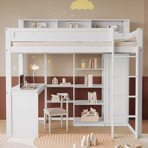 Cama alta em madeira de pinho e MDF - 90x200 cm - com prateleiras superiores, secretária e roupeiro - Branco Cama alta em madeira de pinho e MDF - 90x200 cm - com prateleiras superiores, secretária e roupeiro - Branco