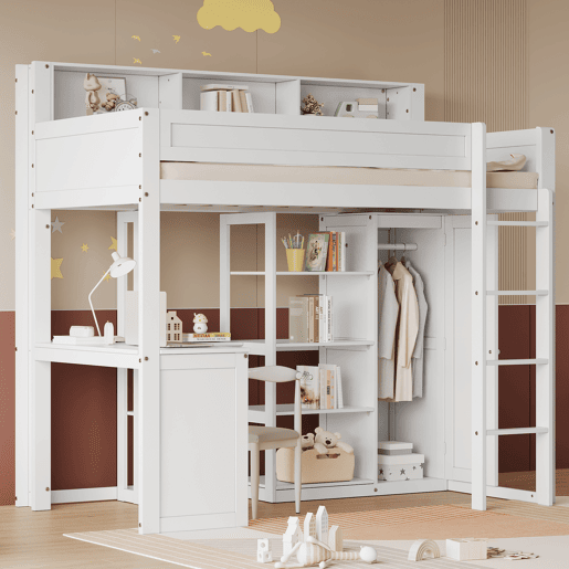 Cama alta em madeira de pinho e MDF - 90x200 cm - com prateleiras superiores, secretária e roupeiro - Branco Cama alta em madeira de pinho e MDF - 90x200 cm - com prateleiras superiores, secretária e roupeiro - Branco
