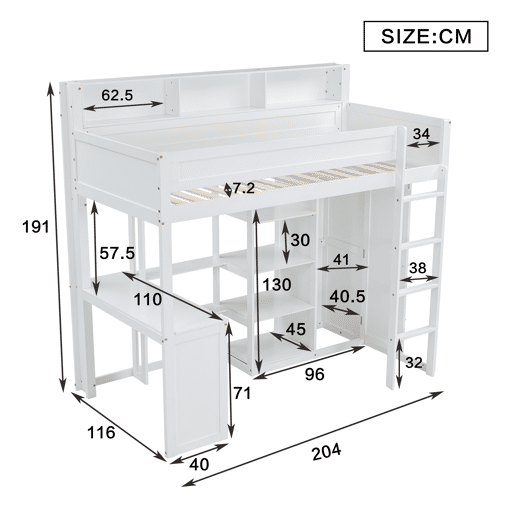 Cama alta em madeira de pinho e MDF - 90x200 cm - com prateleiras superiores, secretária e roupeiro - Branco Cama alta em madeira de pinho e MDF - 90x200 cm - com prateleiras superiores, secretária e roupeiro - Branco