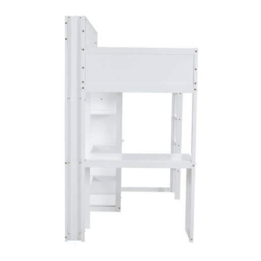 Cama alta em madeira de pinho e MDF - 90x200 cm - com prateleiras superiores, secretária e roupeiro - Branco Cama alta em madeira de pinho e MDF - 90x200 cm - com prateleiras superiores, secretária e roupeiro - Branco