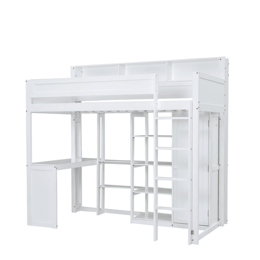 Cama alta em madeira de pinho e MDF - 90x200 cm - com prateleiras superiores, secretária e roupeiro - Branco Cama alta em madeira de pinho e MDF - 90x200 cm - com prateleiras superiores, secretária e roupeiro - Branco