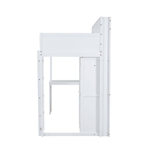 Cama alta em madeira de pinho e MDF - 90x200 cm - com prateleiras superiores, secretária e roupeiro - Branco Cama alta em madeira de pinho e MDF - 90x200 cm - com prateleiras superiores, secretária e roupeiro - Branco