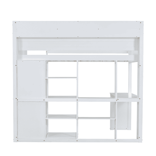 Cama alta em madeira de pinho e MDF - 90x200 cm - com prateleiras superiores, secretária e roupeiro - Branco Cama alta em madeira de pinho e MDF - 90x200 cm - com prateleiras superiores, secretária e roupeiro - Branco