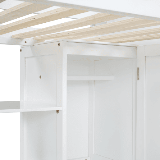 Cama alta em madeira de pinho e MDF - 90x200 cm - com prateleiras superiores, secretária e roupeiro - Branco Cama alta em madeira de pinho e MDF - 90x200 cm - com prateleiras superiores, secretária e roupeiro - Branco