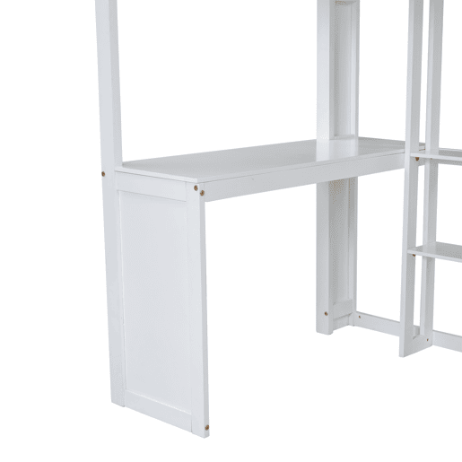 Cama alta em madeira de pinho e MDF - 90x200 cm - com prateleiras superiores, secretária e roupeiro - Branco Cama alta em madeira de pinho e MDF - 90x200 cm - com prateleiras superiores, secretária e roupeiro - Branco