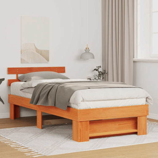 Estrutura de cama de solteiro moderno com cabeceira - Marrom Cera 80 x 200 cm