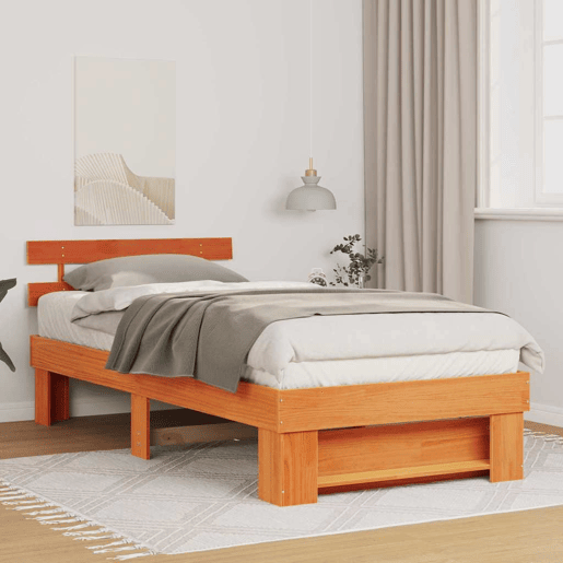 Estrutura de cama de solteiro moderno com cabeceira - Marrom Cera 90 x 190 cm