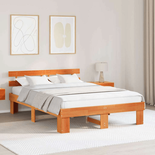 Estrutura de cama de casal simple com cabeceira - Marrom Cera 140 x 200 cm